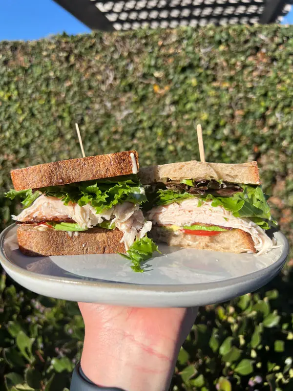 Turkey sandwich on house sourdough served outdoors